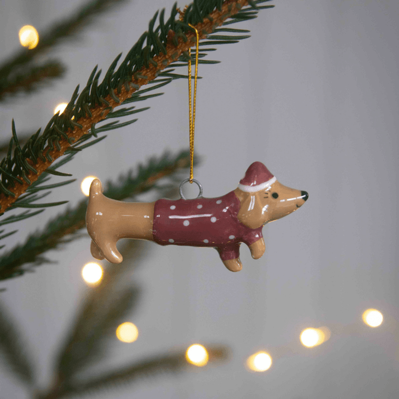 Julepynt pølsehund i Keramikk